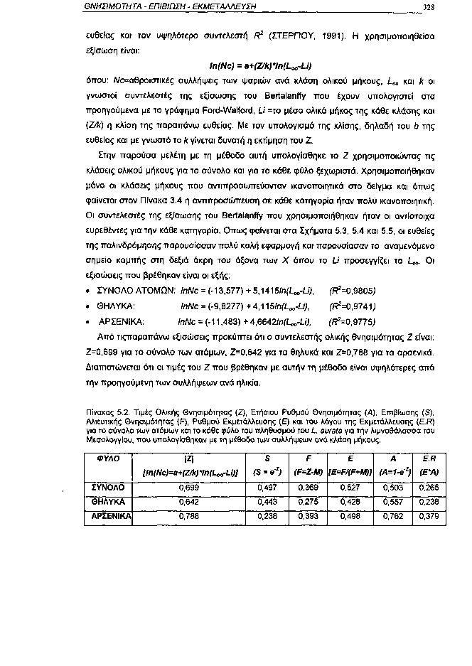 ΘΝΗΣΙΜΟΤΗΤΑ ΕΠΙΒΙΩΣΗ ΕΚΜΕΤΑΛΛΕΥΣΗ 328 ευθείας και τον υψηλότερο συντελεστή R 2 (ΣΤΕΡΓΙΟΥ, 1991).