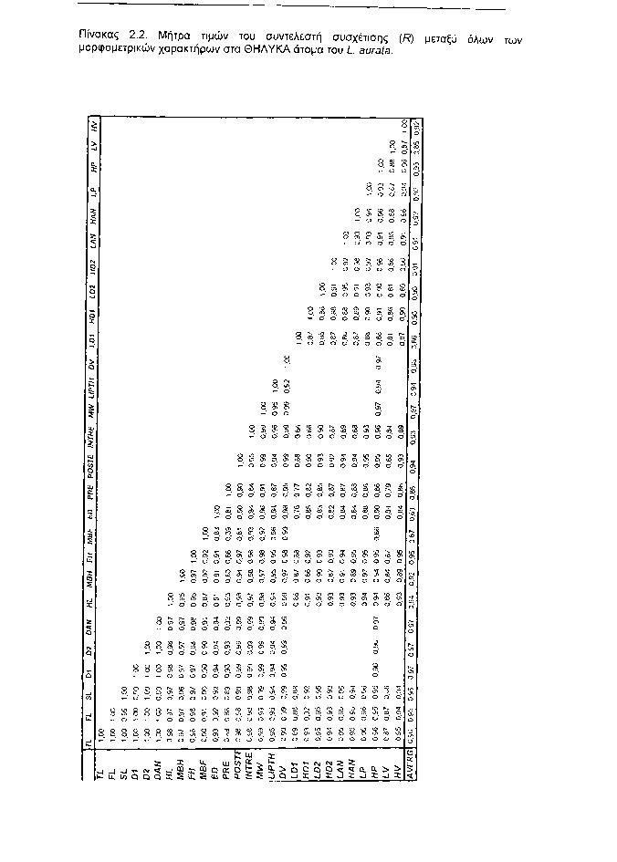 Πίνακας 2.2. Μήτρα τιμών του συντελεστή συσχέτισης (R) μεταξύ όλων μορφομετρικών χαρακτήρων στα ΘΗΛΥΚΑ άτομα του L. aurata.