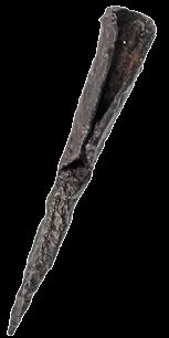 389. Врх стреле Гвожђе, ковање; димензије: 7,8 х 1 х 2 cm; Сонда 3/14, Горњи град, 2015. година; Народни музеј Чачак, Ц 43/15. Гвоздени врх стреле са размакнутим крацима и тулцем за насађивање.