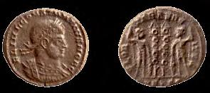 413. Нумус Констанција II Бронза, ковање; R = 1,8 cm; Сонда 5/96, Горњи град, 1996. година; Народни музеј Чачак, Н 603, Ц 197/96. 330-335. година. Неодређена ковница. Аверс: Fl Iul Constantius nob c.