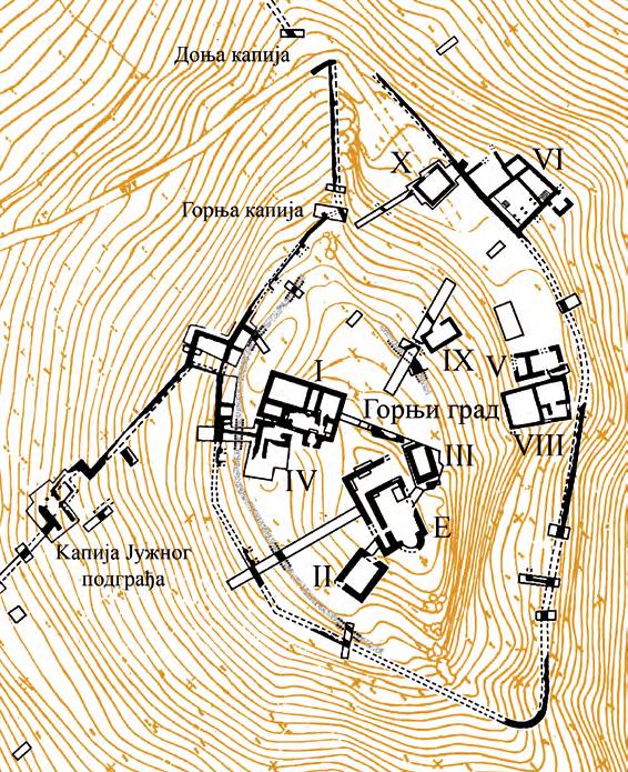 Сл. 12: Горњи ра, лан Fig. 12: Upper Town, plan бедем је могао имати висину која се кретала око 8 m, зависно од степена приступачности и ширине.
