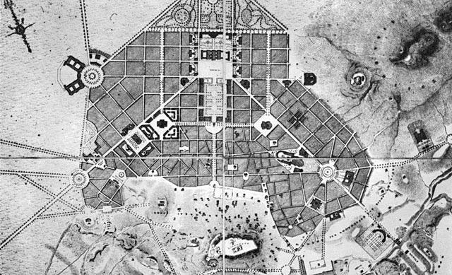 Μουσών (σημερινή πλατεία Συντάγματος) και δυτικά στην πλατεία Κέκροπος (σημερινό Γκάζι). Εικόνα 12 Η πολεοδομική πρόταση των Κλεάνθη-Schaubert για την πόλη των Αθηνών του 1833 Πηγή 17 Πηγή: Κ.