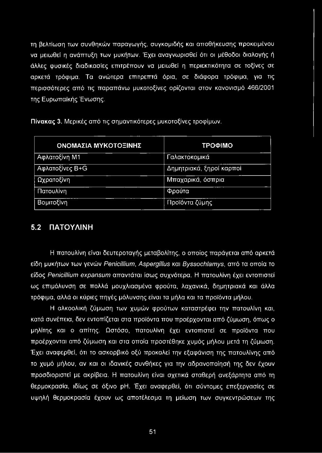 Τα ανώτερα επιτρεπτά όρια, σε διάφορα τρόφιμα, για τις περισσότερες από τις παραπάνω μυκοτοξίνες ορίζονται στον κανονισμό 466/2001 της Ευρωπαϊκής Ένωσης. Πίνακας 3.