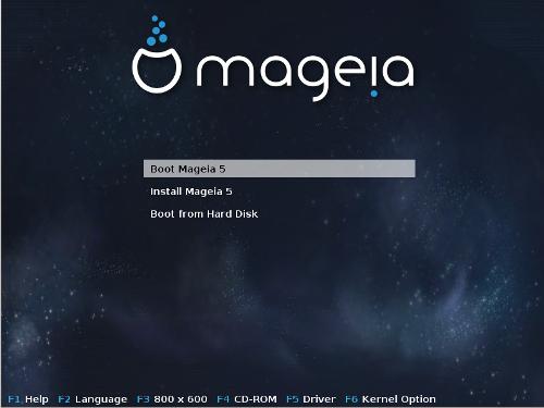 2.2. Στο BIOS/CSM/Λειτουργία παλαιού τύπου Η πρώτη οθόνη εκκινώντας σε λειτουργία BIOS Στο μεσαίο μενού, μπορείτε να επιλέξετε μεταξύ τριών ενεργειών: Εκκίνηση της Mageia: Η Mageia 5 θα εκκινηθεί από