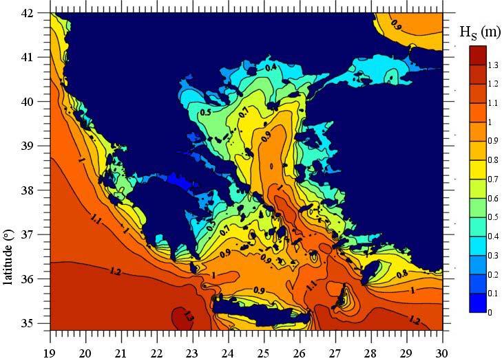 Κεφάλαιο 4: Φυσιογραφικά Χαρακτηριστικά Περιοχών Εφαρμογής σημαντικό ύψος κύματος κυμαίνεται ανάμεσα στις τιμές 0,9 και 1,1 m και ελαττώνεται προς τα δυτικά.