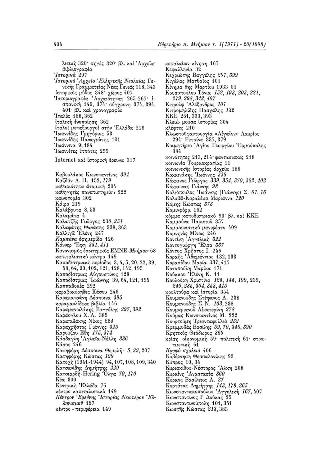 404 Ευρετήριο π. Μνήμων τ. 1(1971) - 20(1998) λιτική 320" πηγές 320" βλ.