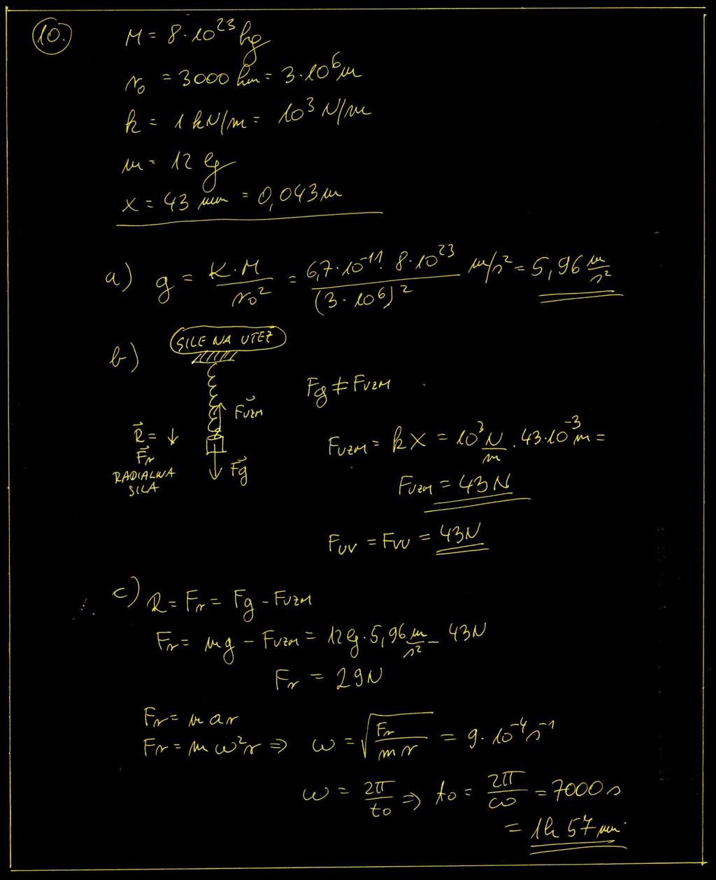 10. naloga Če na ekvatorju planeta z maso 8 10 23 kg in polmerom 3000 km obesimo na vzmet s koeficientom 1 kn/m utež z maso 12 kg, se vzmet