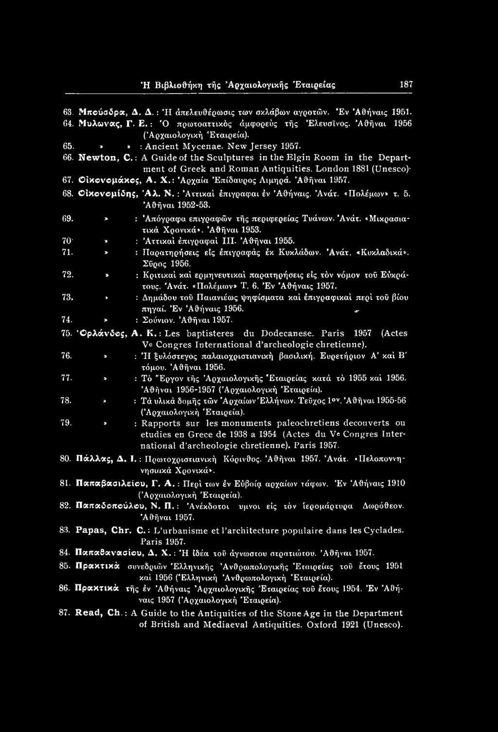 London 1881 (Unesco) 67. Οίκονβμάκος, A. X.: 'Αρχαία Επίδαυρος Λιμηρά. Άθήναι 1957. 68. Οίκονομίδης, Άλ. Ν. : Άττικαί έπιγραφαι έν Άθήναις. Άνάτ. «Πολέμων» τ. 5. Άθήναι 1952-53. 69.