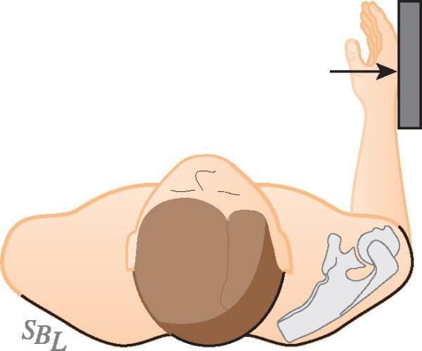 Τέστ υπακανθίου: ο ασθενής κρατά αυτή τη θέση καθώς του ασκείται δύναμη έσω στροφής.