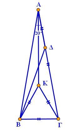 ΑΣΚΗΣΗ 8 η Δίνεται ισοσκελές τρίγωνο ΑΒΓ με ΑΒ = ΑΓ και ˆ =20 0. Έστω σημείο Δ της ΑΓ τέτοιο ώστε ΑΔ = ΒΓ. Να βρεθεί η γωνία Α ˆ Β.