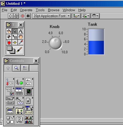 Εικόνα 1.4: Εμπρόσθιο πλαίσιο (Front panel) του LabView. Αριστερά φαίνεται η παλέτα εργαλείων (Tools) και η παλέτα ελέγχου (Controls). 1.3.2.