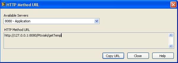 4. Σύνδεση HTTP Request με το LabView Αφού επιλεγεί η μέθοδος του HTTP Request το LabVIEW δίνει τη δυνατότητα κάνοντας δεξί κλικ στο VI και έπειτα Show Method URL να εμφανιστεί το URL στο οποίο είναι