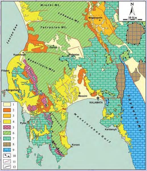 Εικ.6. Χάρτης με τις γεωτεκτονικές ζώνες και τα μεταλπικά ιζήματα στο Ν.Μεσσηνίας. (πηγή: Φουντούλης 1994, Μαριολάκοςetal.