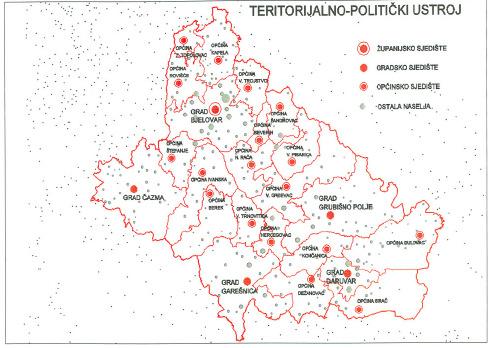 Slika 2.2: Političko-teritorijalni ustroj BBŽ. 2.2.3. Korištenje zemljišta BBŽ ima površinu od 263.667 ha, od čega najviše otpada na poljoprivredne i šumske površine.