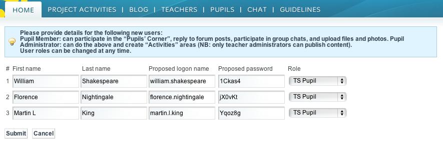 Βήμα 5 Πρόσκληση Νέων μαθητών Το σύστημα θα προτείνει ένα όνομα χρήστη και έναν κωδικό πρόσβασης για τον μαθητή σας.