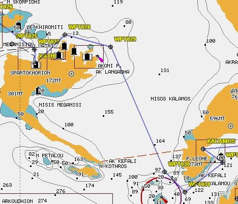 6.0 5 ο Μπράτσο Μεγανήσι(όρμος Βαθύ) Κάλαμος Εικόνα 6.1: 5 ο Μπράτσο Όρμος Βαθύ Κάλαμος Πίνακας 6.1:Κύρια Waypoints 5 ου Μπράτσου Όρμος Βαθύ Κάλαμος Κατά προσέγγιση VATHI 37 m N38 39.734' E20 45.