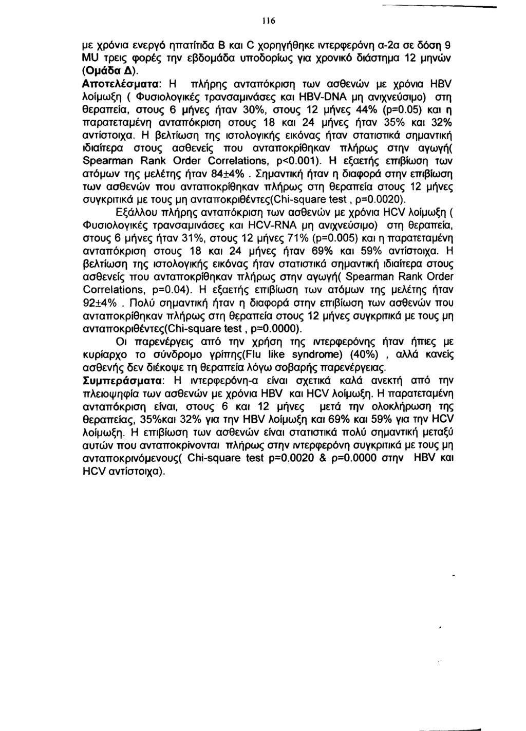 116 με χρόνια ενεργό ηπατίτιδα Β και C χορηγήθηκε ιντερφερόνη α-2α σε δόση 9 MU τρεις φορές την εβδομάδα υποδορίως για χρονικό διάστημα 12 μηνών (Ομάδα Δ).