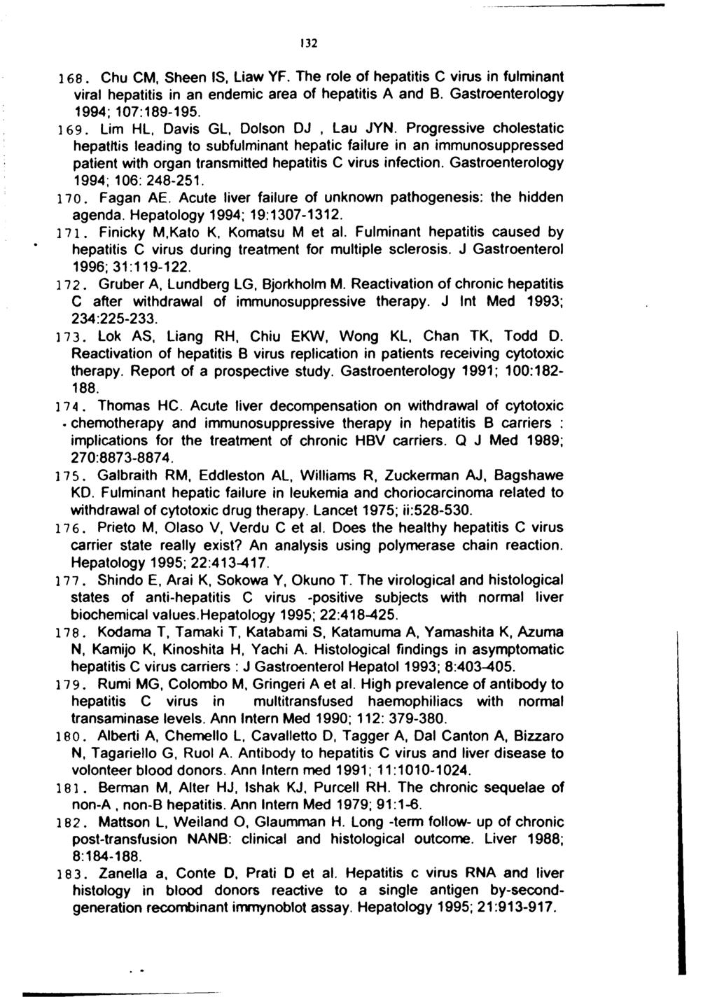 132 168. Chu CM, Sheen IS, Liaw YF. The role of hepatitis C virus in fulminant viral hepatitis in an endemic area of hepatitis A and B. Gastroenterology 1994; 107:189-195. 169.