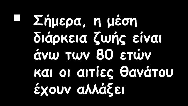 Το πρόβλημα της γήρανσης έχει προκύψει τους τελευταίους αιώνες Διακόσια χρόνια πριν η μέση διάρκεια ζωής ήταν 24 χρόνια Υψηλή βρεφική θνησιμότητα Συνθήκες κακής υγιεινής και αδυναμία θεραπείας