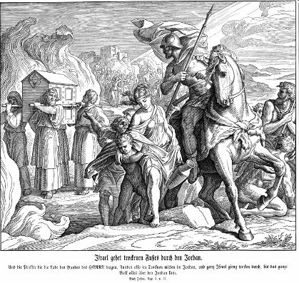 Julius Schnorr von Carolsfeld, Izrael prelazi Jordan po suhom (1851-60) Bibel in Bildern. Dovršetak Tko govori Jošui u Jš 1,2-9 Bog mu se izravno obraća Zašto (v1s)? Mojsije umro Kakvu zadaću dobiva?