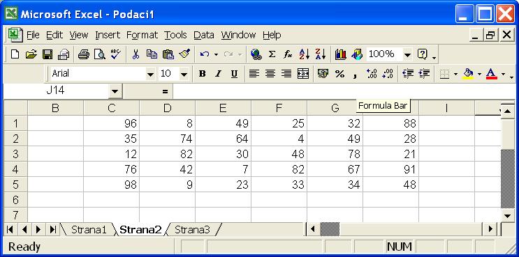 Sl.6.3 Excel-ova radna sveska sa podacima Da bi smo Matlab-ovoj promenljivoj A dodelili sve podatke iz kolona D i E radnog lista pod imenom "Strana2" koristimo naredbu: >>