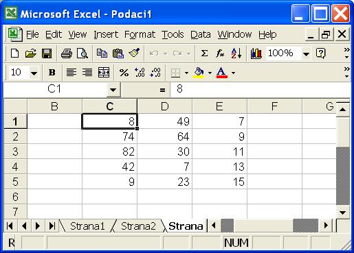 >> xlswrite('podaci1',a,'strana3','c1:e5') prethodno formiranu matricu A upisuje u fajl podaci1.