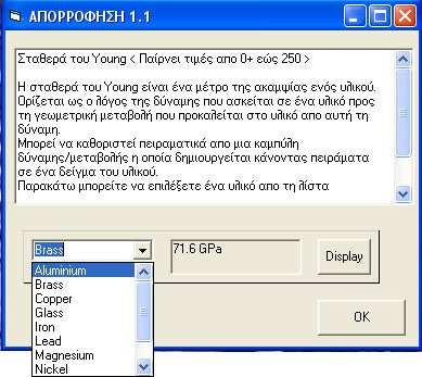 Σχήµα 5.4.6. Στο συγκεκριµένο παράθυρο ο χρήστης µπορεί να δει πληροφορίες για τη σταθερά του Young.