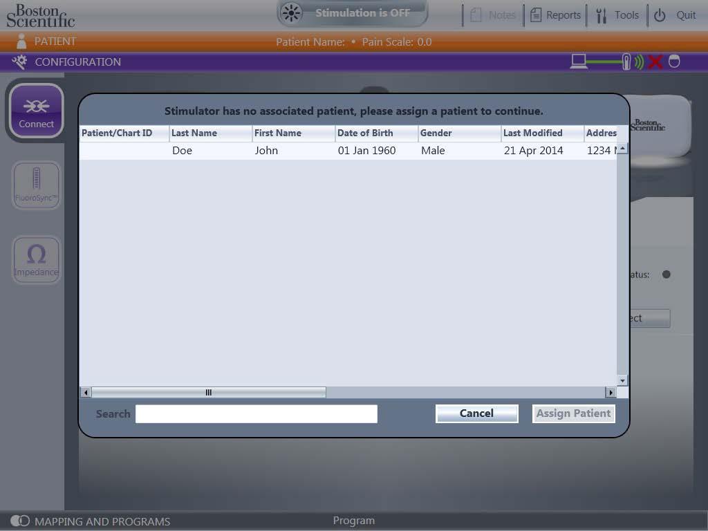 Εγχειρίδιο προγραμματισμού Bionic Navigator 3D Εκχώρηση ασθενή σε διεγέρτη Πρέπει να συσχετιστεί ένα προφίλ ασθενή με διεγέρτη πριν είναι δυνατός ο προγραμματισμός του διεγέρτη.