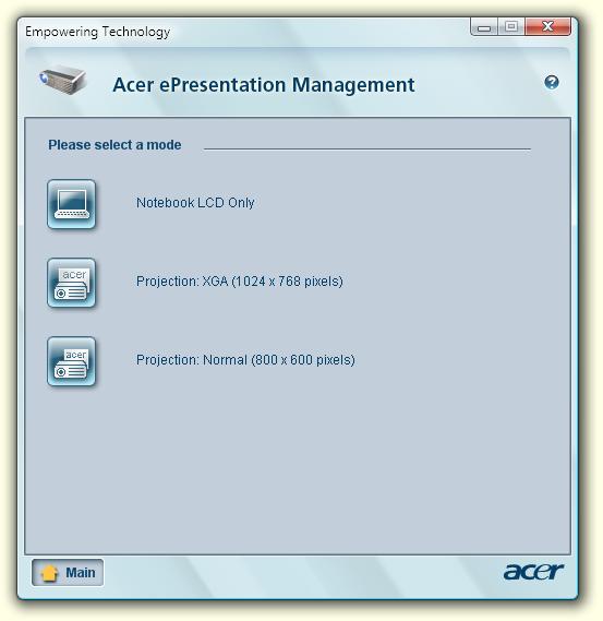 7 Acer epresentation Management Το Acer epresentation Management σας επιτρέπει να προβάλετε την οθόνη του υπολογιστή σας σε εξωτερική συσκευή ή προβολέα χρησιµοποιώντας το θερµό πλήκτρο: <Fn> + <F5>.