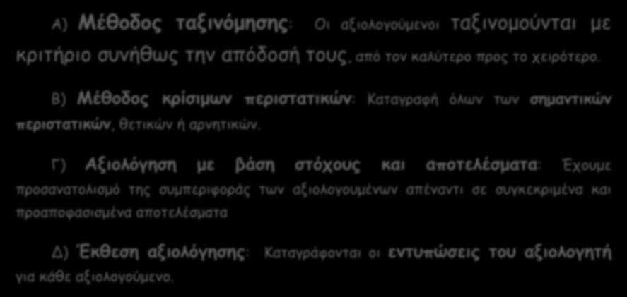 Μέθοδοι αξιολόγησης: Α) Μέθοδος ταξινόμησης: Οι αξιολογούμενοι ταξινομούνται με κριτήριο συνήθως την απόδοσή τους, από τον καλύτερο προς το χειρότερο.