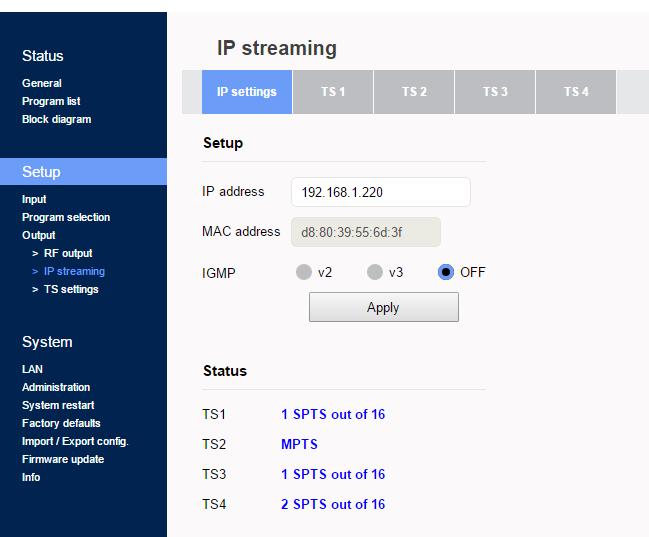 4.2.7 - IP streaming page Στη σελίδα IP streaming ο χρήστης μπορεί να στήσει τον IP streamer της συσκευής.