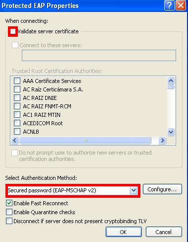 6 ο Βήµα: Στα Properties αφαιρέστε την επιλογή Validate Server Certificate και στο Select Authentication Method βεβαιωθείτε πως η