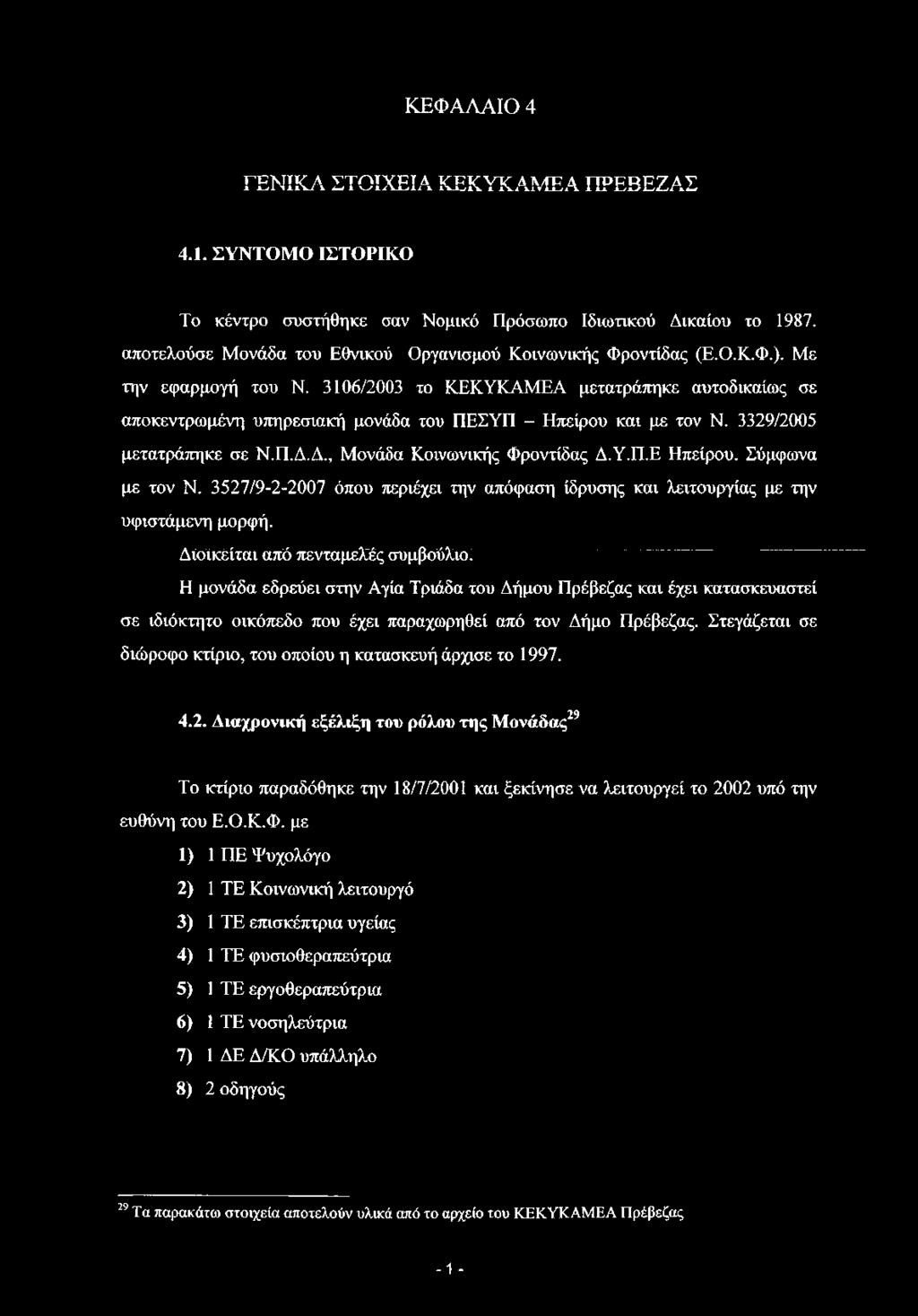 Δ., Μονάδα Κοινωνικής Φροντίδας Δ.Υ.Π.Ε Ηπείρου. Σύμφωνα με τον Ν. 3527/9-2-2007 όπου περιέχει την απόφαση ίδρυσης και λειτουργίας με την υφιστάμενη μορφή.