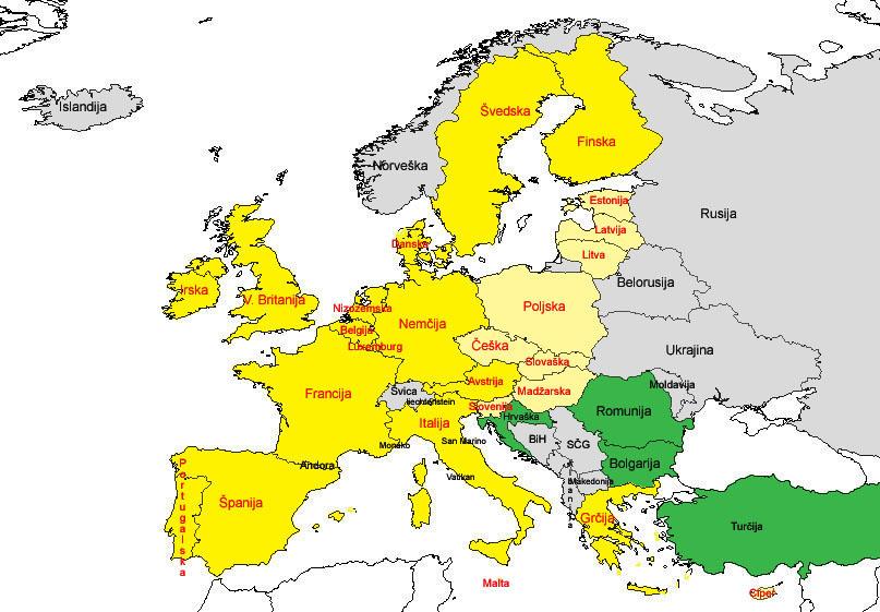 Slika 1: Evropske države, razvrščene v štiri skupine: države EU-15, države EU-10, države pristopnice EU in ostale evropske države. Vir: Lasten vir.