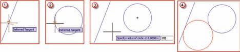 70 5- اندازه شعاع و مماس بر دو موضوع ترسيم شده ديگر ( Tan,Tan,Radius ) پس از وارد كردن دستور روي دو موضوع ترسيم شده مانند خط ودايره آبي در شكل شعاع دايره را تايپ مي كنيم آنگاه دايره اي به همان شعاع