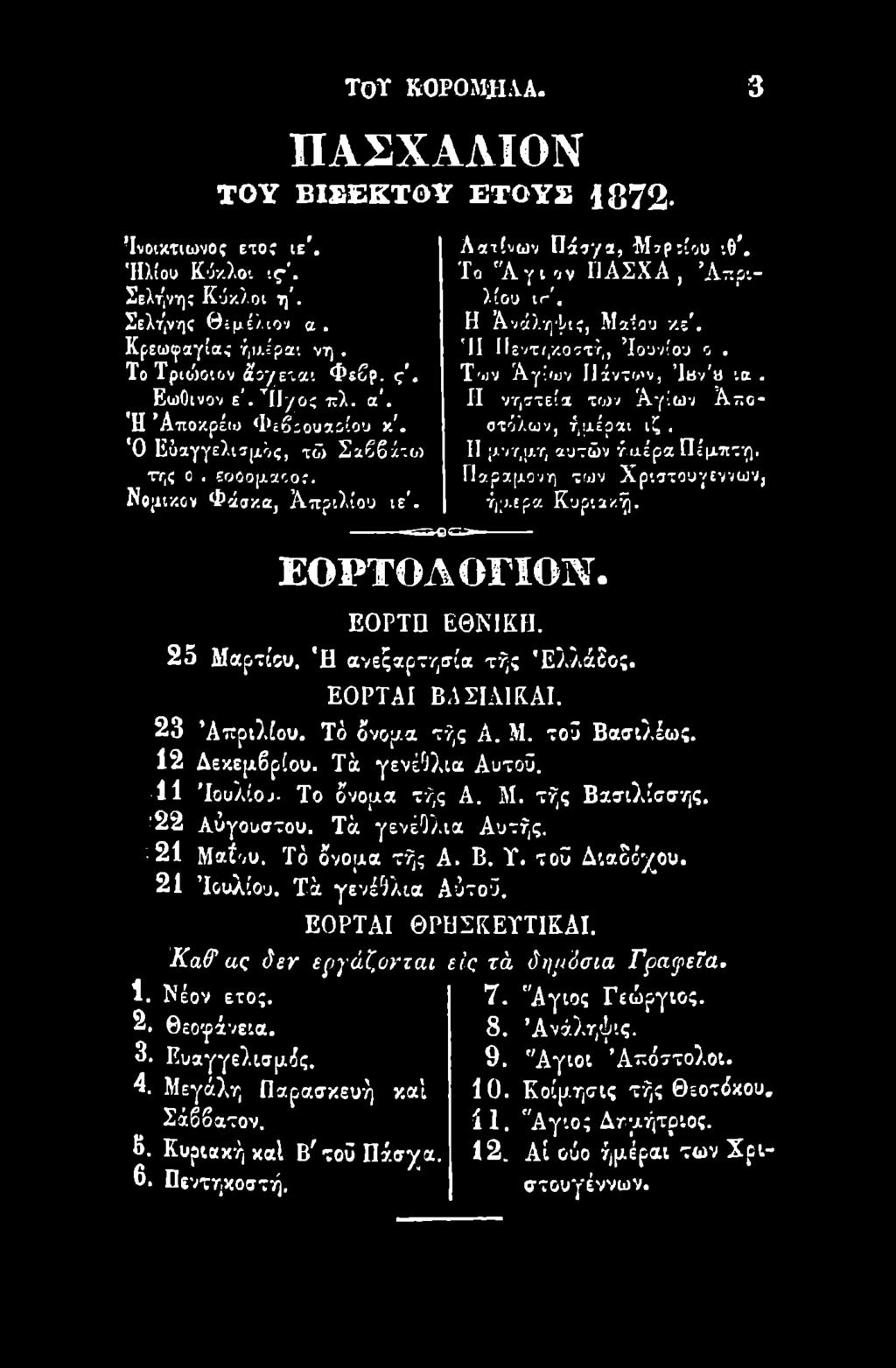 Τοϊ ROPOMJIAA. 3 ΠΑΣΧΑΛΙΟΝ του βιςεκτθυ έτους 1872- Ίνοιχτιωνος έτος ιε'. Ήλιου Κύκλοι.ς '. Σελήνη; Κύκλοι η'. Σελήνης θεμέλιον α. Κρεωιραγίας ήαέρα. νη. Το Τριώο ιον &oyz\αι Φεβρ. ς. Εωθινόν ε'.