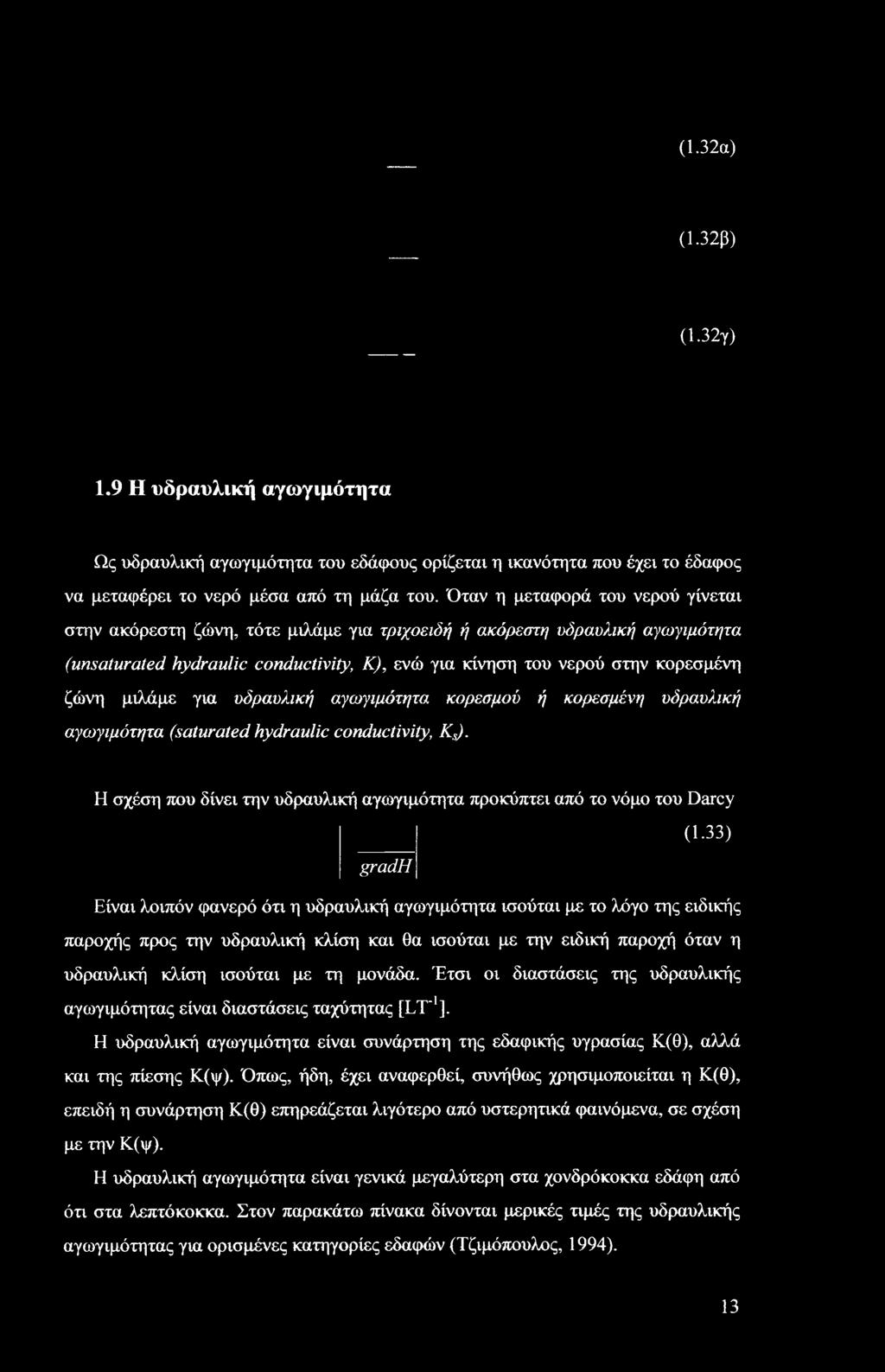 μιλάμε για υδραυλική αγωγιμότητα κορεσμού ή κορεσμένη υδραυλική αγωγιμότητα (saturated hydraulic conductivity, Ks). Η σχέση που δίνει την υδραυλική αγωγιμότητα προκύπτει από το νόμο του Darcy (1.