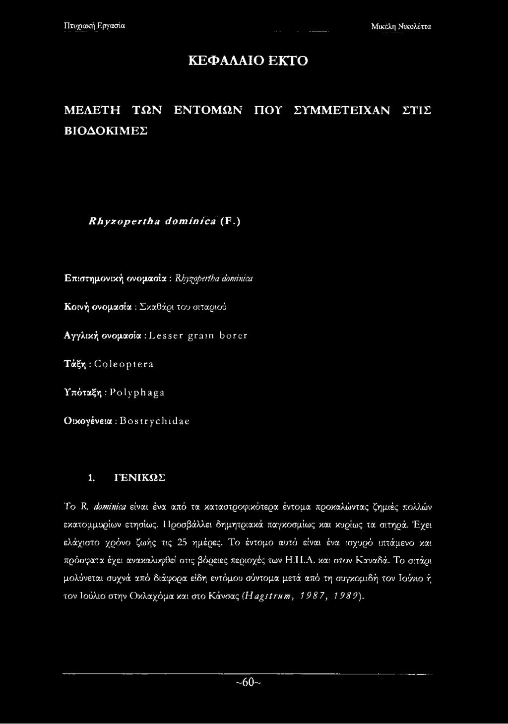 ΓΕΝΙΚ Ω Σ Το R. dominica είναι ένα από τα καταστροφικότερα έντομα προκαλώντας ζημιές πολλών εκατομμυρίων ετησίως. Προσβάλλει δημητριακά παγκοσμίως και κυρίως τα σιτηρά.
