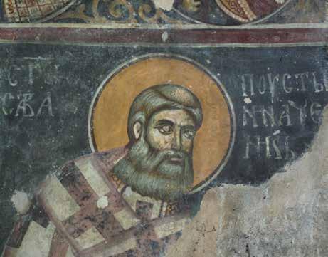 Ni{ i Vizantija XIII 67 Сл. 18. Свети Сава Пустињоначалник, параклис Светог Ђорђа у Сопоћанима Fig. 18. St Sava Pustinjonačalnik, parekklesion of St George in Sopoćani олтарског простора и по томе што је подељена у два шиљата прамена.
