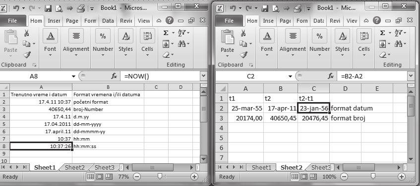 Aplikativni softver 98 Radne tabele Excel Slika 18. Formatiranje datuma Slika 19. Operacije sa datumima U polje A2 upišite funkciju =NOW( ). Ova funkcija daje trenutni broj dana za teku i datum.