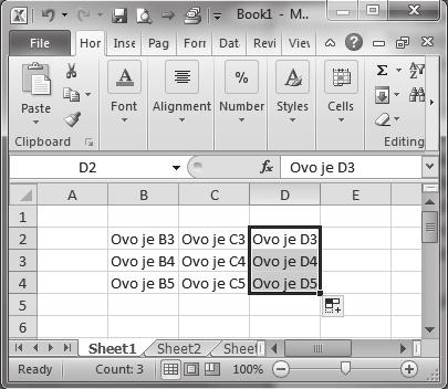 Aplikativni softver 110 Radne tabele Excel E2 PROMENA AKTIVNE ELIJE Promena aktivne elije postiže se tako što se pokaziva miša postavi na željenu eliju i pritisne levi taster miša, tj.