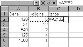 Aplikativni softver 122 Radne tabele Excel 2. Postavite za aktivnu eliju C2. Otkucajte znak jednakosti (=). 3. Pritisnite dva puta strelicu na levo tako da aktivna postane elija A2.