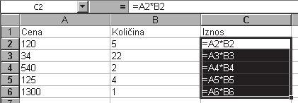 Pritisnite strelicu na levo tako da aktivna postane elija B2. Uo ite da je tako u liniji za formule automatski upisano B2, tako da je sadržaj elije =A2*B2, što ta no odgovara stanju na slici. 6.