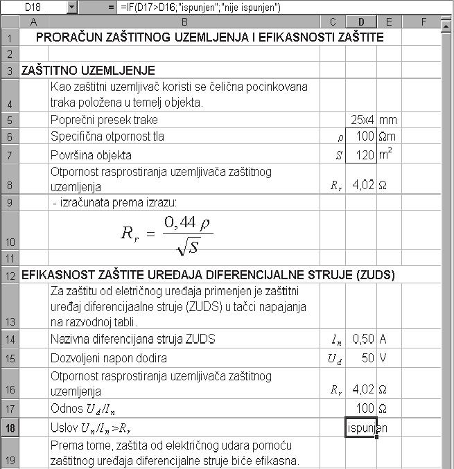 Aplikativni softver 136 Radne tabele Excel E16 PRORA UN ZAŠTITNOG UZEMLJENJA 1. Formirajte tabelu kao na slici. 2.