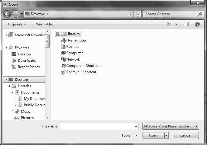 Aplikativni softver 148 Prezentacije PowerPoint Izaberete komandu Otvori (Open), dobija se okvir za dijalog (slika 2), gde se izabere fajl i klikne na taster Open i fajl u