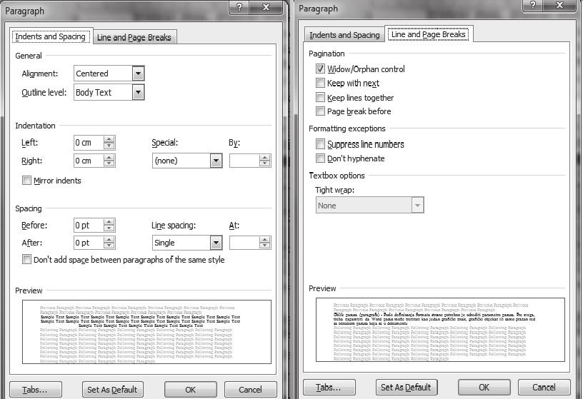 Aplikativni softver 10 Obrada teksta Word Razmak izme u karaktera - Character Spacing Razmak izme u slova jedne re i podešava se izborom tab kartice Advenced sa slike 2.