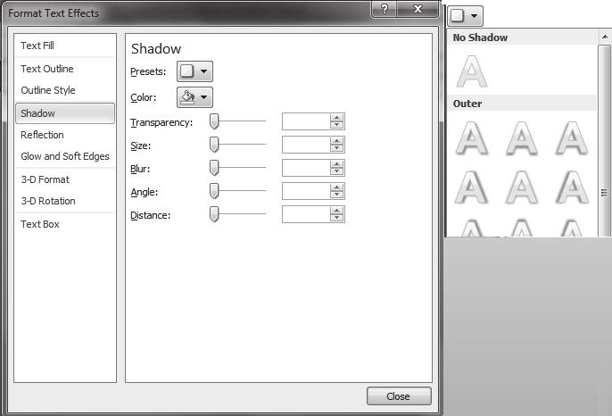 Aplikativni softver 164 Prezentacije PowerPoint Tako e, izbor efekta senke na tekstu je mogu e i preko Drowing Tools/Format gde se u grupi komandi WordArt Styles izabere dijalog box Format Text