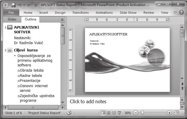 Aplikativni softver 188 Prezentacije PowerPoint P2 IZRADA PREZENTACIJE NA OSNOVU ŠABLONA 1.