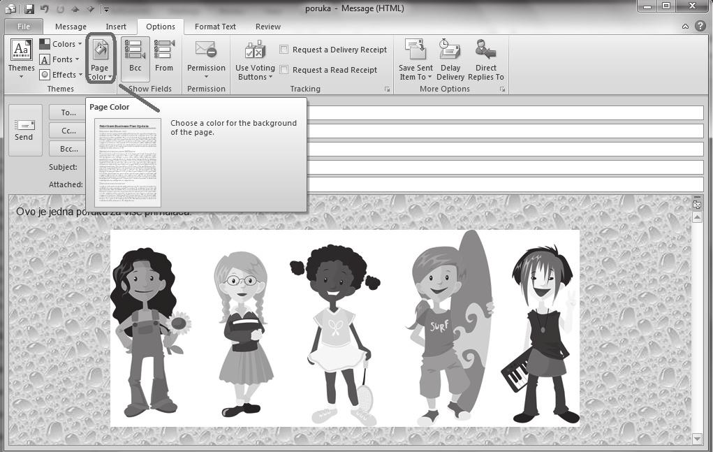 Aplikativni softver 217 Internet servisi Options, a za ubacivanje ilustracija koristimo tab Insert/Ilustration (primer na slici 14). Slika 14. Poruka sa obojenom pozadinom i slikom 10.