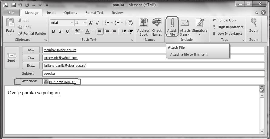 Aplikativni softver 218 Internet servisi Slika 15. Poruka sa prilogom (Attach File) 11.